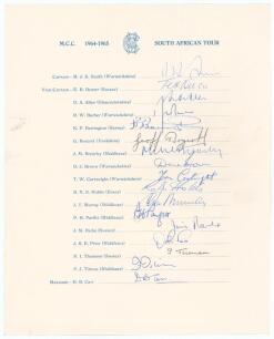 M.C.C. tour to South Africa 1964/65. Official M.C.C. autograph sheet with printed title and players&rsquo; names, fully signed in ink by all seventeen listed members of the touring party. Players&rsquo; signatures are Smith (Captain), Dexter, Allen, Barber, Barringto