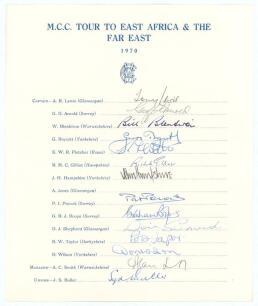 M.C.C. tour of East Africa & The Far East 1970. Official M.C.C. autograph sheet for the tour, signed by fourteen of the listed members of the touring party in ink. Signatures are Lewis (Captain), Arnold, Blenkiron, Boycott, Fletcher, Gilliat, Hampshire, P