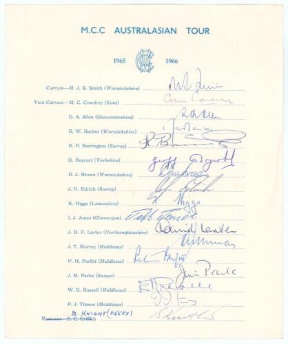 M.C.C. tour of Australia 1965/66. Official M.C.C. autograph sheet with printed title and players&rsquo; names. Nicely and fully signed in ink by all seventeen playing members of the touring party. Signatures are Smith (Captain), Cowdrey, Allen, Barber, Barringt