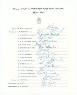 M.C.C. tour to Australia 1974/75. Official M.C.C. autograph sheet fully signed by all nineteen listed members of the M.C.C. touring party in different coloured inks. Players&rsquo; signatures are Denness (Captain), Edrich, Amiss, Arnold, Fletcher, Greig, Hendri