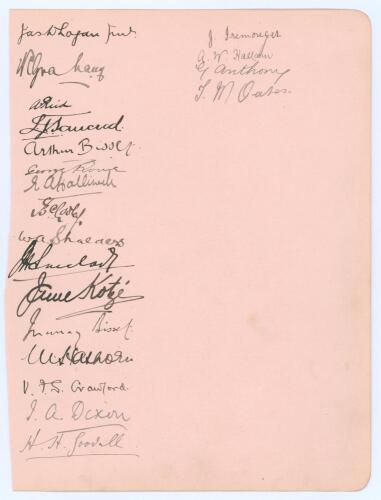 South Africa tour of England 1901. Large album page very nicely signed in ink by the South African team, and further members of the touring party who played Nottinghamshire at Trent Bridge 11th-13th July 1901. Thirteen signatures, Murray Bisset (Cpt), J. 