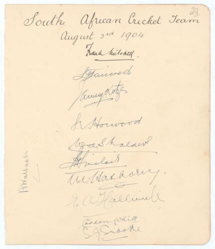 South Africa tour to England 1904. Large album page beautifully signed in ink by the eleven members of the South African touring party, ten of whom played in the tour match v Leicestershire at Aylestone Road, 1st- 3rd August 1904. The page with handwritte