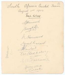 South Africa tour to England 1904. Large album page beautifully signed in ink by the eleven members of the South African touring party, ten of whom played in the tour match v Leicestershire at Aylestone Road, 1st- 3rd August 1904. The page with handwritte