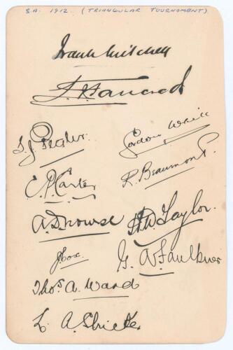 South Africa tour to England 1912. Triangular Test Series. Album page very nicely signed in black ink by twelve members of the South African touring party. Signatures are Mitchell (Captain), Tancred, Pegler, Carter, Nourse, Cox, Ward, Stricker, White, Bea