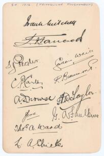 South Africa tour to England 1912. Triangular Test Series. Album page very nicely signed in black ink by twelve members of the South African touring party. Signatures are Mitchell (Captain), Tancred, Pegler, Carter, Nourse, Cox, Ward, Stricker, White, Bea