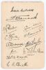 South Africa tour to England 1912. Triangular Test Series. Album page very nicely signed in black ink by twelve members of the South African touring party. Signatures are Mitchell (Captain), Tancred, Pegler, Carter, Nourse, Cox, Ward, Stricker, White, Bea
