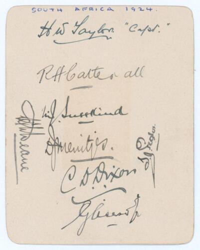 South Africa tour to England 1924. Small album page very nicely signed in black ink by eight members of the South African touring party. Signatures are Taylor (Captain), Catterall, Susskind, Meintjes, Dixon, Bissett, Pegler and Deane. Very good condition.