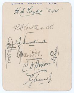 South Africa tour to England 1924. Small album page very nicely signed in black ink by eight members of the South African touring party. Signatures are Taylor (Captain), Catterall, Susskind, Meintjes, Dixon, Bissett, Pegler and Deane. Very good condition.