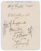 South Africa tour to England 1924. Small album page very nicely signed in black ink by eight members of the South African touring party. Signatures are Taylor (Captain), Catterall, Susskind, Meintjes, Dixon, Bissett, Pegler and Deane. Very good condition.