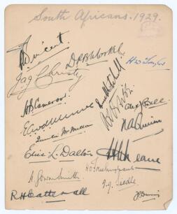 South Africa tour to England 1929. Album page very nicely and fully signed in black and blue ink by all eighteen members of the South African touring party. Signatures are Deane (Captain), Vincent, Morkel, Christy, Cameron, van der Merwe, McMillan, Dalton