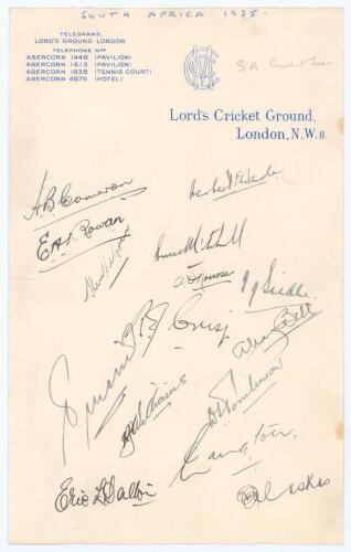 South Africa tour to England 1935. Official M.C.C. Lord&rsquo;s Cricket Ground headed paper very nicely signed in ink by all fifteen playing members of the South African touring party. Signatures are Wade (Captain), Cameron, Rowan, Viljoen, Mitchell, Nourse, Si