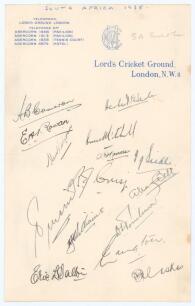 South Africa tour to England 1935. Official M.C.C. Lord&rsquo;s Cricket Ground headed paper very nicely signed in ink by all fifteen playing members of the South African touring party. Signatures are Wade (Captain), Cameron, Rowan, Viljoen, Mitchell, Nourse, Si