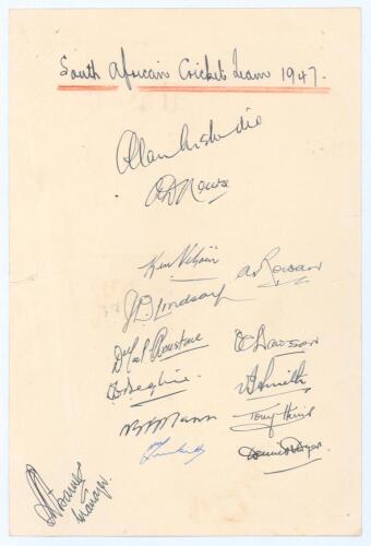 South Africa tour to England 1947. Page/ card nicely signed in ink by fourteen members of the South African touring party. Signatures are Melville (Captain), Nourse, Viljoen, Rowan, Lindsay, Ovenstone, Dawson, Begbie, Smith, Mann, Harris, Tuckett, Dyer an