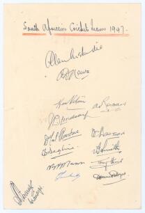 South Africa tour to England 1947. Page/ card nicely signed in ink by fourteen members of the South African touring party. Signatures are Melville (Captain), Nourse, Viljoen, Rowan, Lindsay, Ovenstone, Dawson, Begbie, Smith, Mann, Harris, Tuckett, Dyer an