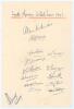 South Africa tour to England 1947. Page/ card nicely signed in ink by fourteen members of the South African touring party. Signatures are Melville (Captain), Nourse, Viljoen, Rowan, Lindsay, Ovenstone, Dawson, Begbie, Smith, Mann, Harris, Tuckett, Dyer an