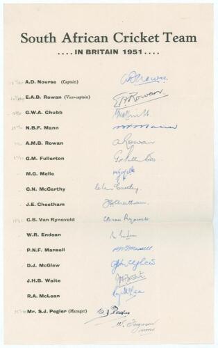 South Africa tour to England 1951. Large official autograph sheet with printed title and players&rsquo; names, fully and very nicely signed in ink by all sixteen members of the South Africa touring party, plus the scorer Ferguson. Signatures are Nourse (Captain
