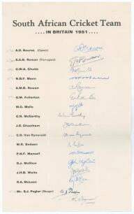 South Africa tour to England 1951. Large official autograph sheet with printed title and players&rsquo; names, fully and very nicely signed in ink by all sixteen members of the South Africa touring party, plus the scorer Ferguson. Signatures are Nourse (Captain