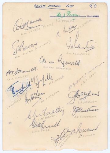 South Africa tour to England 1951. Large album page fully signed in ink by all seventeen members of the South African touring party. Signatures are Nourse (Captain), Endean, E. Rowan, Fullerton, van Ryneveld, Mansell, Tayfield, Melle, Mann, McLean, McGlew