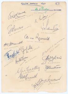South Africa tour to England 1951. Large album page fully signed in ink by all seventeen members of the South African touring party. Signatures are Nourse (Captain), Endean, E. Rowan, Fullerton, van Ryneveld, Mansell, Tayfield, Melle, Mann, McLean, McGlew