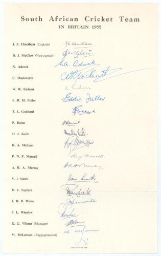 South Africa tour to England 1955. Large official autograph sheet with printed title and players&rsquo; names, fully and very nicely signed in ink by all eighteen members of the South Africa touring party. Players&rsquo; signatures are Cheetham (Captain), McGlew, Adc