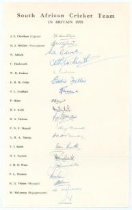 South Africa tour to England 1955. Large official autograph sheet with printed title and players&rsquo; names, fully and very nicely signed in ink by all eighteen members of the South Africa touring party. Players&rsquo; signatures are Cheetham (Captain), McGlew, Adc