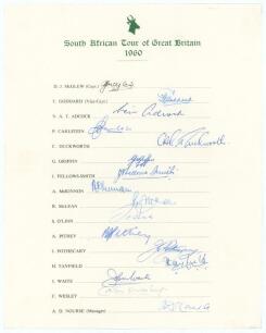 South Africa tour to England 1960. Official autograph sheet with printed title and players&rsquo; names, fully signed in ink by all sixteen listed members of the touring party. Signatures are McGlew (Captain), Goddard, Adcock, Carlstein, Duckworth, Griffin, Fel