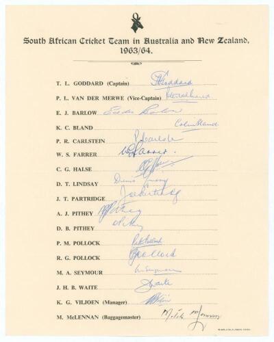 South Africa tour to Australia & New Zealand 1963/64. Official autograph sheet with printed title and players&rsquo; names, fully signed in ink by all seventeen listed members of the touring party. Signatures are Goddard (Captain), van der Merwe, Barlow, Bland,