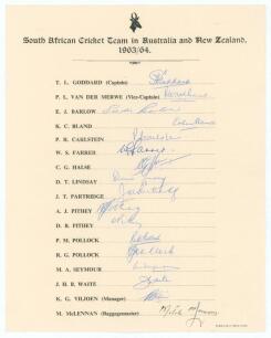 South Africa tour to Australia & New Zealand 1963/64. Official autograph sheet with printed title and players&rsquo; names, fully signed in ink by all seventeen listed members of the touring party. Signatures are Goddard (Captain), van der Merwe, Barlow, Bland,