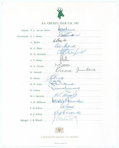South Africa tour to England 1965. Official autograph sheet with printed title and players&rsquo; names, fully and nicely signed in ink by all sixteen members of the touring party. Signatures are van der Merwe (Captain), Barlow, Bacher, Bland, Bromfield, Botten
