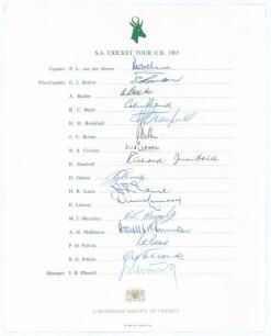 South Africa tour to England 1965. Official autograph sheet with printed title and players&rsquo; names, fully and nicely signed in ink by all sixteen members of the touring party. Signatures are van der Merwe (Captain), Barlow, Bacher, Bland, Bromfield, Botten