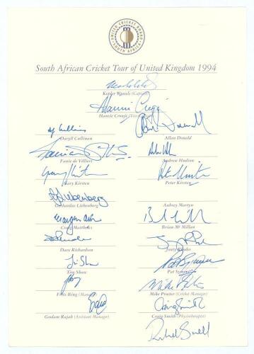 South Africa tours to England 1994 & 2003. Two official South Africa United Cricket Board autograph sheets with printed titles and players&rsquo; names. The 1994 sheet fully signed by the twenty members of the touring party including Wessels (Captain), Cronje, 