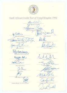 South Africa tours to England 1994 & 2003. Two official South Africa United Cricket Board autograph sheets with printed titles and players&rsquo; names. The 1994 sheet fully signed by the twenty members of the touring party including Wessels (Captain), Cronje, 