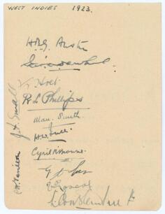 West Indies tour to England 1923. Album page very nicely signed in ink by eleven members of the West Indies touring party and one other. Players&rsquo;s signatures are Austin (Captain), Dewhurst, Holt, Phillips, Smith, Ince, Browne, John, Pascall, Constantine, 