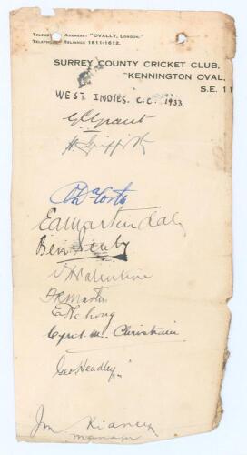 West Indies tour to England 1933. Surrey C.C.C. official headed note paper signed in ink by eleven members of the West Indies touring party. Signatures are Grant (Captain), Griffith, Da Costa, Martindale, Sealey, Valentine, Martin, Achong, Christiani, Hea