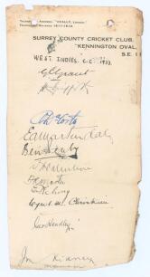 West Indies tour to England 1933. Surrey C.C.C. official headed note paper signed in ink by eleven members of the West Indies touring party. Signatures are Grant (Captain), Griffith, Da Costa, Martindale, Sealey, Valentine, Martin, Achong, Christiani, Hea