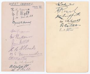 West Indies tour to England 1928. Two album pages nicely signed in ink and pencil by eighteen members of the touring party. Fully signed by the players&rsquo;, signatures are Nunes (Captain), Wight, Small, Browne, Scott, St. Hill, Constantine, Roach, Griffith, 