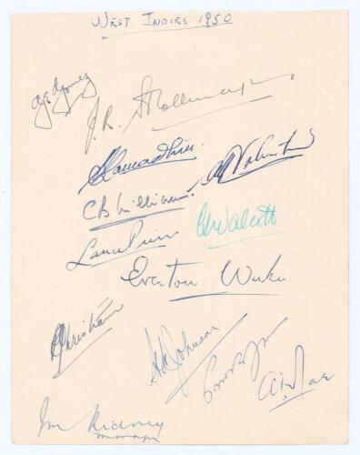 West Indies tour to England 1950. Small page signed in different coloured inks by thirteen members of the West Indies touring party. Signatures include Gomez, Stollmeyer, Ramadhin, Valentine, Williams, Pierre, Walcott, Weekes, Christiani, Johnson, Rae etc