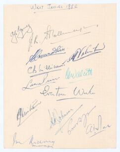 West Indies tour to England 1950. Small page signed in different coloured inks by thirteen members of the West Indies touring party. Signatures include Gomez, Stollmeyer, Ramadhin, Valentine, Williams, Pierre, Walcott, Weekes, Christiani, Johnson, Rae etc