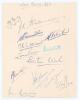 West Indies tour to England 1950. Small page signed in different coloured inks by thirteen members of the West Indies touring party. Signatures include Gomez, Stollmeyer, Ramadhin, Valentine, Williams, Pierre, Walcott, Weekes, Christiani, Johnson, Rae etc