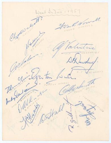 West Indies tour of England 1957. Plain page nicely signed in ink by fifteen members of the touring party. Signatures are Walcott, Worrell, Goddard, Valentine, Sobers, Dewdney, Weekes, Ramadhin, Ganteaume, Smith, Atkinson, Alexander, Hall, Gilchrist and A