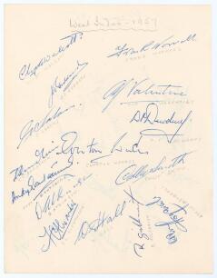 West Indies tour of England 1957. Plain page nicely signed in ink by fifteen members of the touring party. Signatures are Walcott, Worrell, Goddard, Valentine, Sobers, Dewdney, Weekes, Ramadhin, Ganteaume, Smith, Atkinson, Alexander, Hall, Gilchrist and A