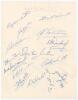 West Indies tour of England 1957. Plain page nicely signed in ink by fifteen members of the touring party. Signatures are Walcott, Worrell, Goddard, Valentine, Sobers, Dewdney, Weekes, Ramadhin, Ganteaume, Smith, Atkinson, Alexander, Hall, Gilchrist and A