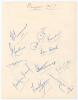 West Indies tour of England 1957. Plain page nicely signed in ink by fifteen members of the touring party. Signatures are Walcott, Worrell, Goddard, Valentine, Sobers, Dewdney, Weekes, Ramadhin, Ganteaume, Smith, Atkinson, Alexander, Hall, Gilchrist and A - 2