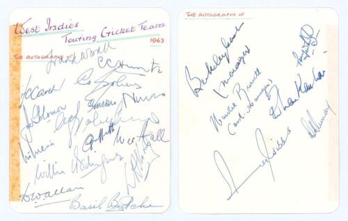 West Indies tour to England 1963. Small white card signed in ink by all twenty members of the West Indies touring party. Signatures to one side (somewhat cramped) are Worrell (Captain), Hunte, Carew, Sobers, Solomon, Nurse, Valentine, McMorris, Griffith, 