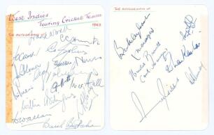 West Indies tour to England 1963. Small white card signed in ink by all twenty members of the West Indies touring party. Signatures to one side (somewhat cramped) are Worrell (Captain), Hunte, Carew, Sobers, Solomon, Nurse, Valentine, McMorris, Griffith, 