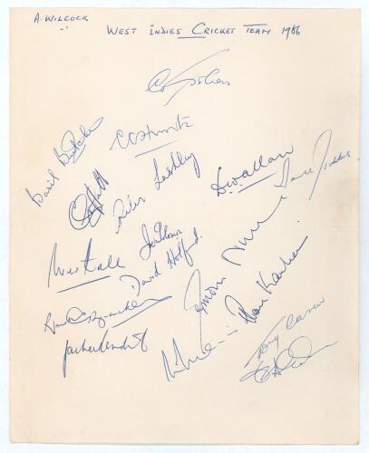 West Indies tour to England 1966. Large page nicely and fully signed in ink by all seventeen playing members of the touring party. Signatures are Sobers (Captain), Butcher, Hunte, Griffith, Lashley, Allan, Gibbs, Hall, Solomon, Holford, Brancker, Nurse, H