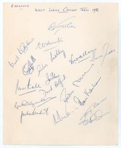 West Indies tour to England 1966. Large page nicely and fully signed in ink by all seventeen playing members of the touring party. Signatures are Sobers (Captain), Butcher, Hunte, Griffith, Lashley, Allan, Gibbs, Hall, Solomon, Holford, Brancker, Nurse, H