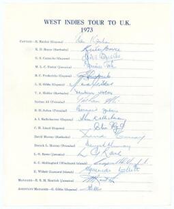West Indies tour to England 1973. Official autograph sheet fully signed by all eighteen original members of the West Indies touring party. Players&rsquo; signatures Kanhai (Captain), Boyce, Camacho, Foster, Fredericks, Gibbs, Holder, Inshan Ali, Julien, Kallich