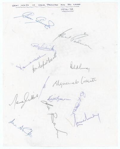 West Indies tour to India, Pakistan & Sri Lanka 1974/75. Large plain page on lightweight paper nicely signed in ink by thirteen members of the West Indies touring party. Signatures are Greenidge, Padmore, Fredericks, Holder, Roberts, Deryck Murray, Willet