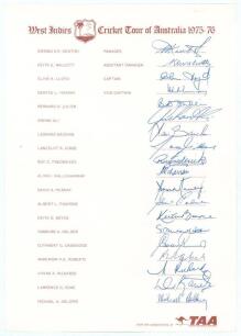 West Indies tour to Australia 1975/76. Rare official autograph sheet with printed title and players&rsquo; names. Nicely and fully signed by all nineteen members of the touring party. Signatures are Lloyd (Captain), Deryck Murray, Julien, Inshan Ali, Baichan, G